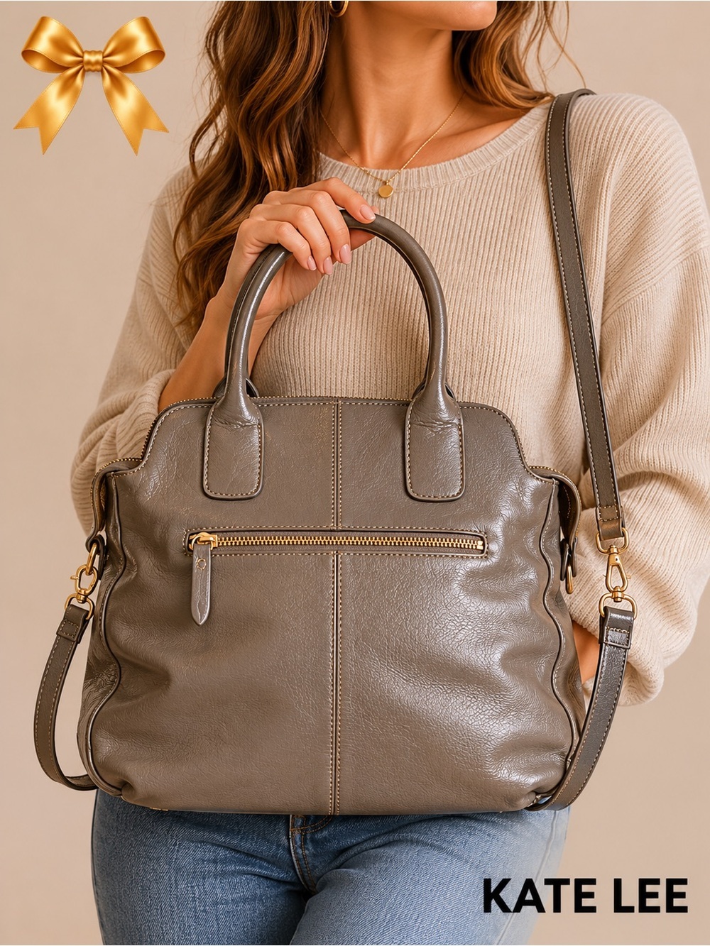 kate lee Gray Parisian Leather Tote Satchel Shoulder Bag Gold Hardware